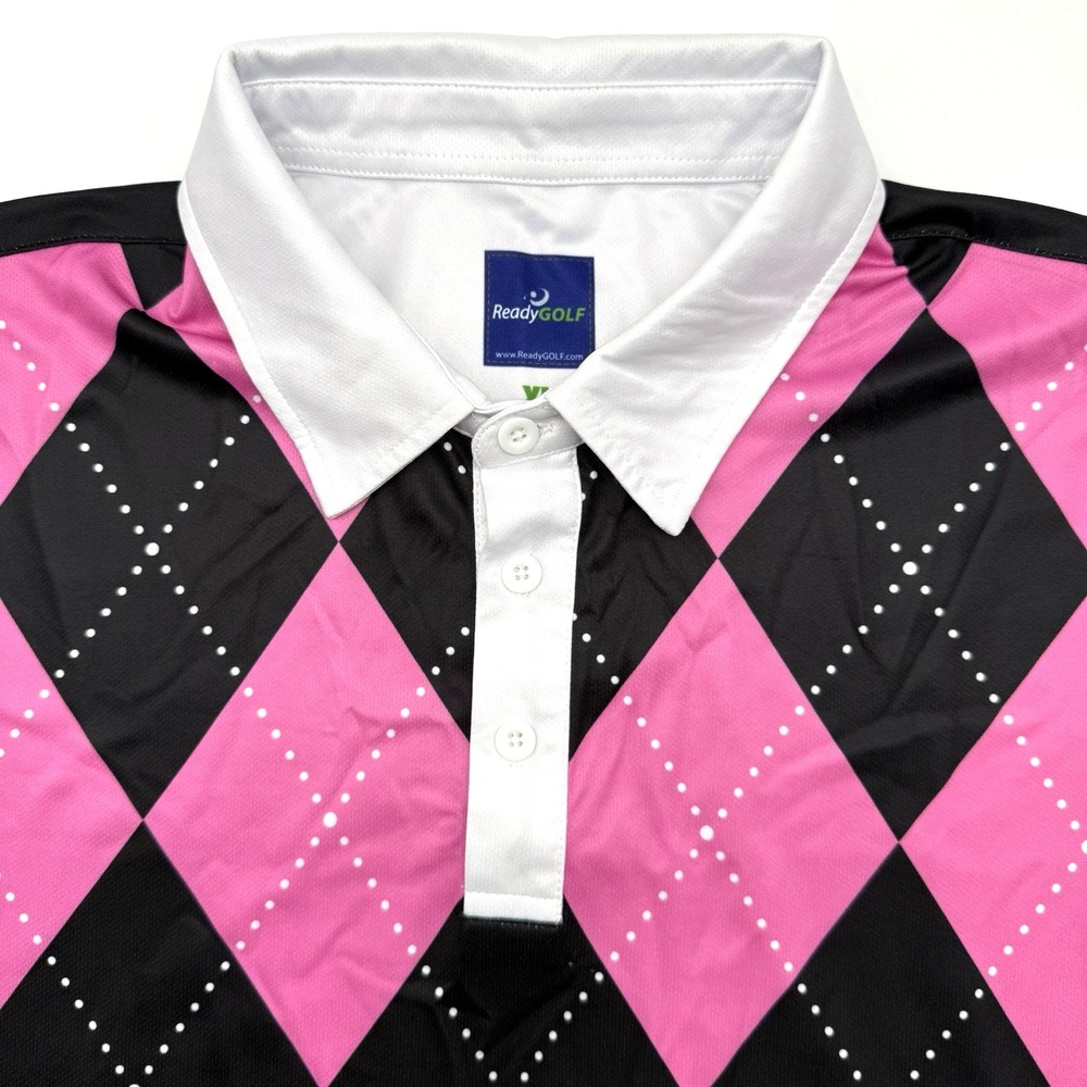 ReadyGOLF Polo Shirt Men XL Pink Black Argyle Short Sleeve Performance Golf Top